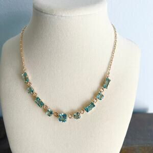 New Ralph Lauren Aqua Pale Blue Baguette Jewel Frontal Gold Tone Chain Necklace